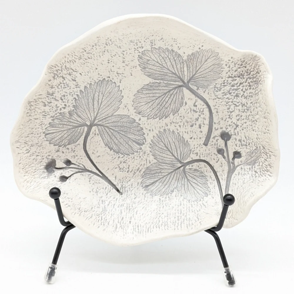Handmade white grey strawberry plant imprint ceramic dish